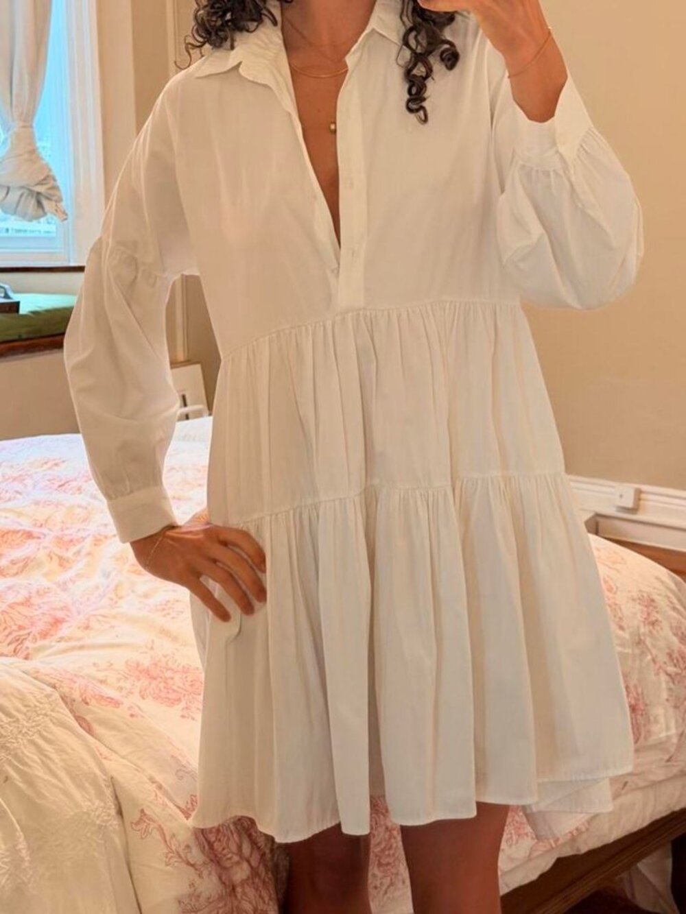 Oak + Fort White cotton mini dress long sleeve with button down and collar